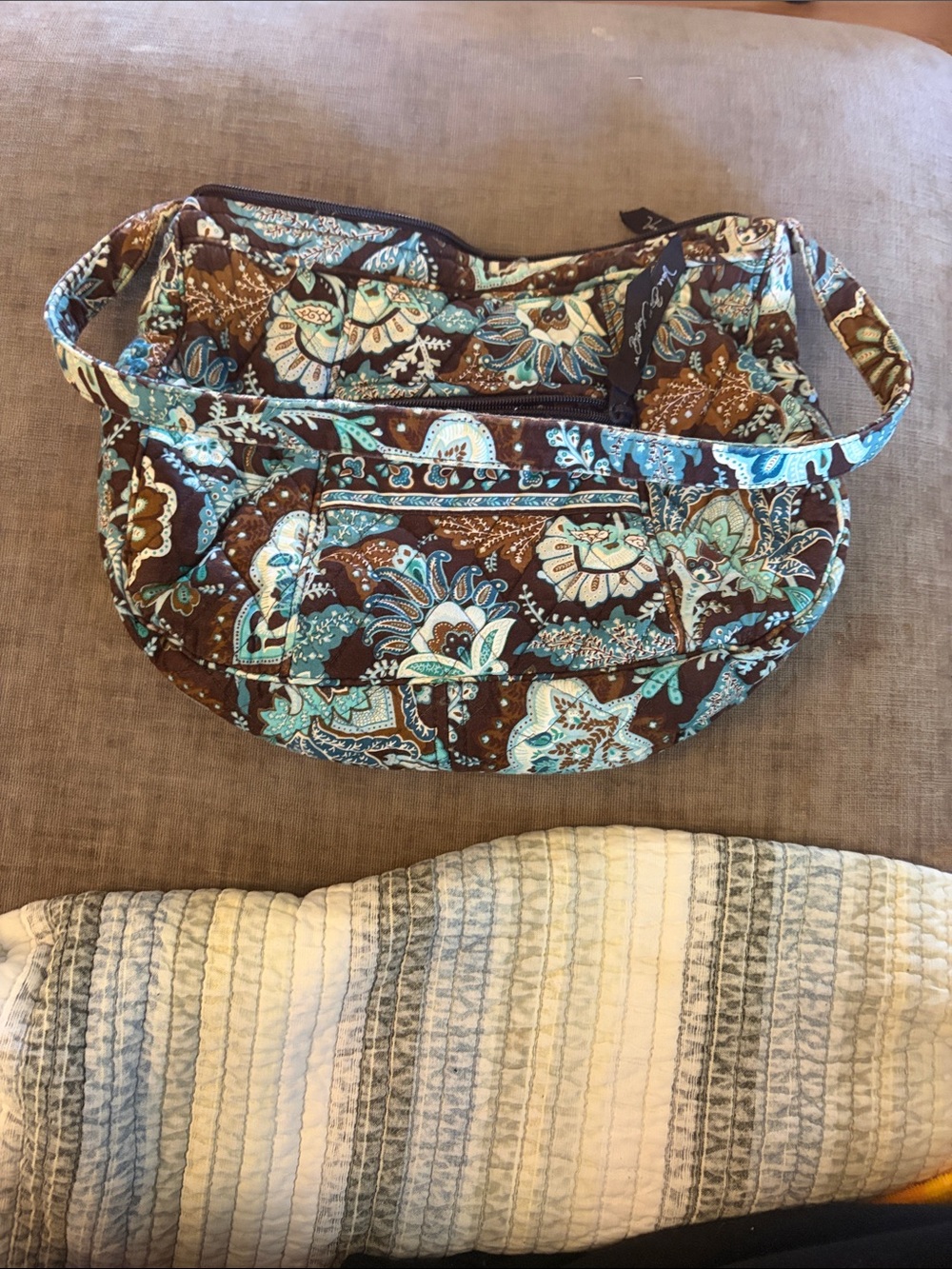 Vera Bradley Brown & Aqua Floral Quilted Shoulder Bag